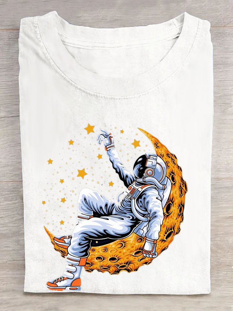 Lunar astronaut printed round neck casual short sleeved T-shirt