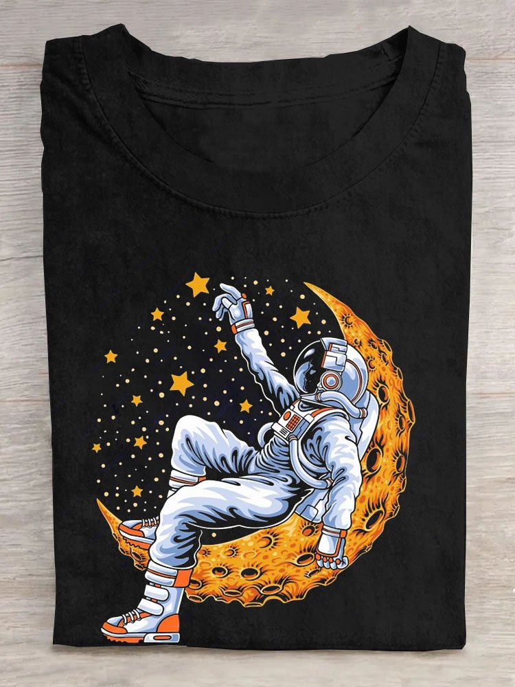 Lunar astronaut printed round neck casual short sleeved T-shirt