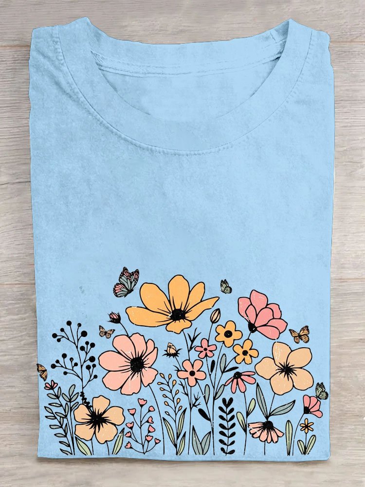 Cotton Crew Neck Floral Casual T-Shirt