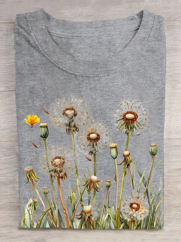 Casual Crew Neck Loose Dandelion T-Shirt