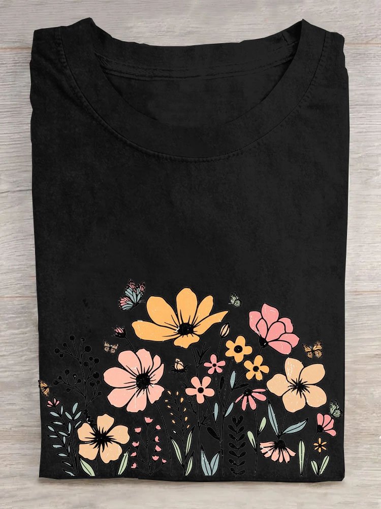 Cotton Crew Neck Floral Casual T-Shirt