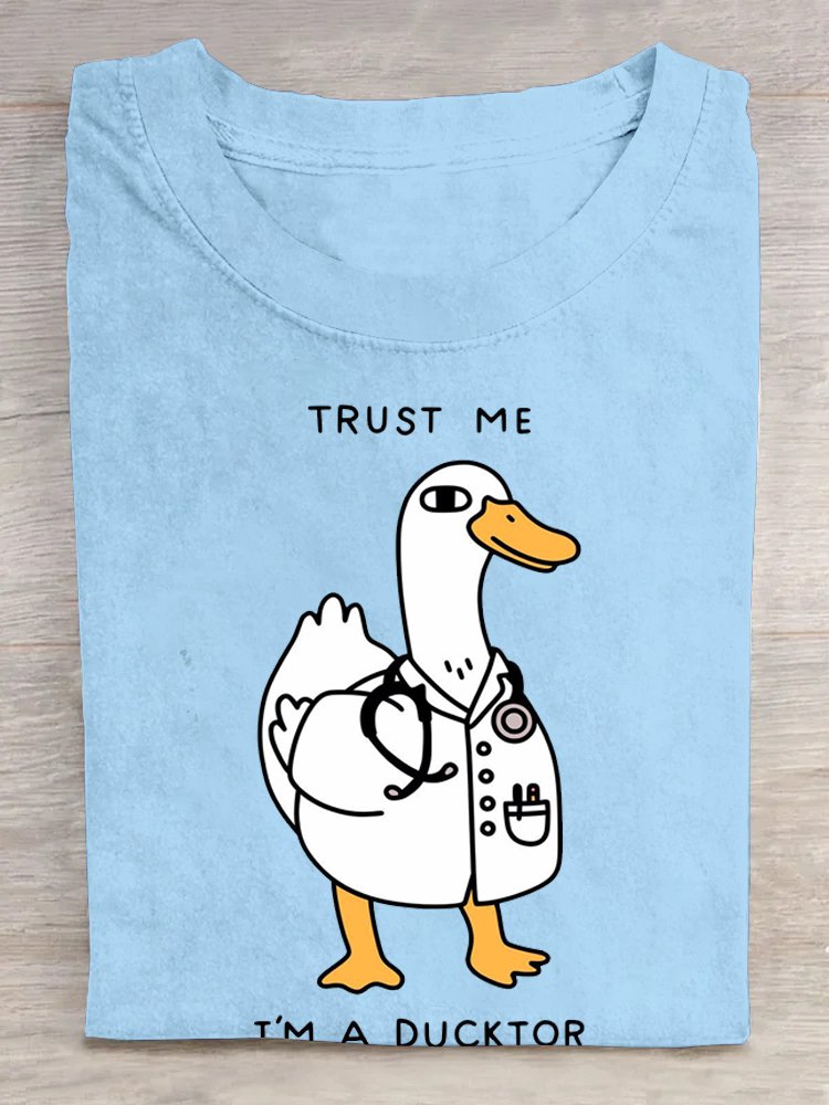 Duck Letter Pattern Cotton Crew Neck Casual T-Shirt