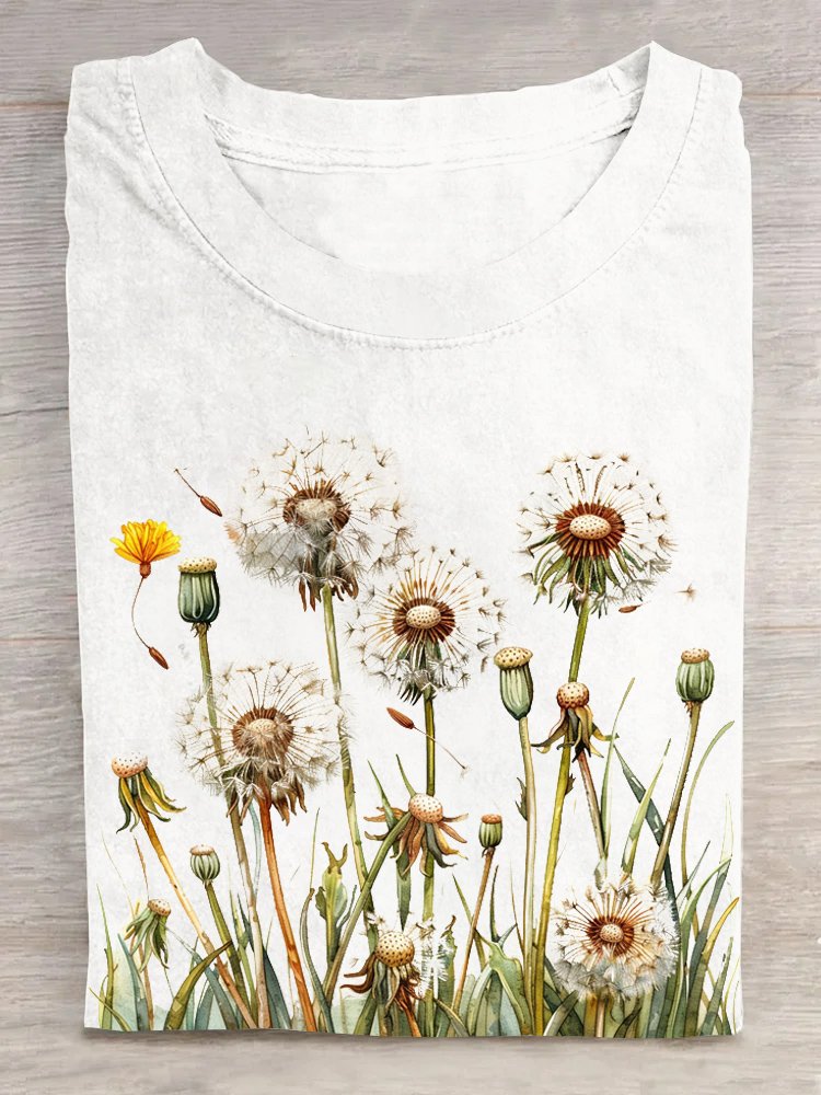 Casual Crew Neck Loose Dandelion T-Shirt