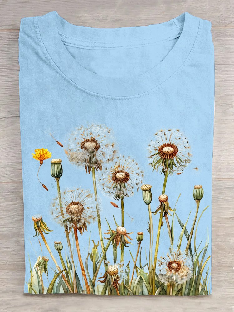 Casual Crew Neck Loose Dandelion T-Shirt