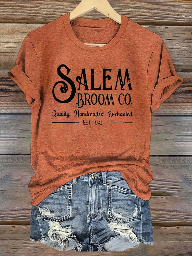 Women's Salem Broom Co Quality Handcrafted Enchanted Est 1692 Printed T-Shirt