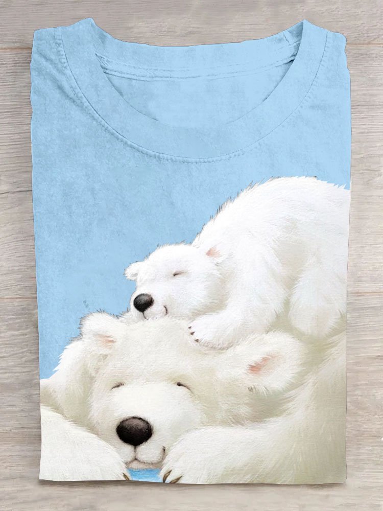 Polar Bear Printed Round Neck Casual Short Sleeve T-shirt