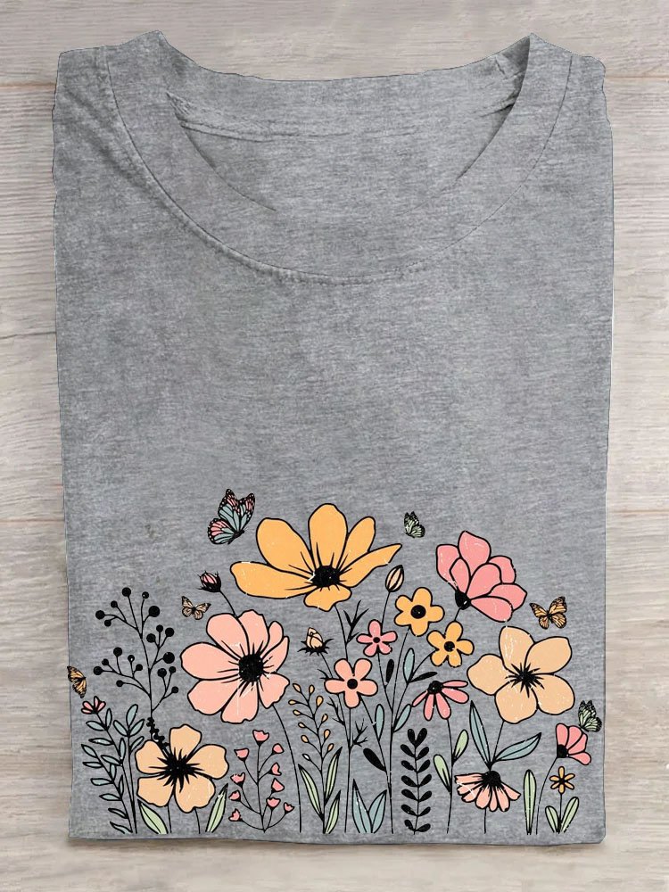 Cotton Crew Neck Floral Casual T-Shirt