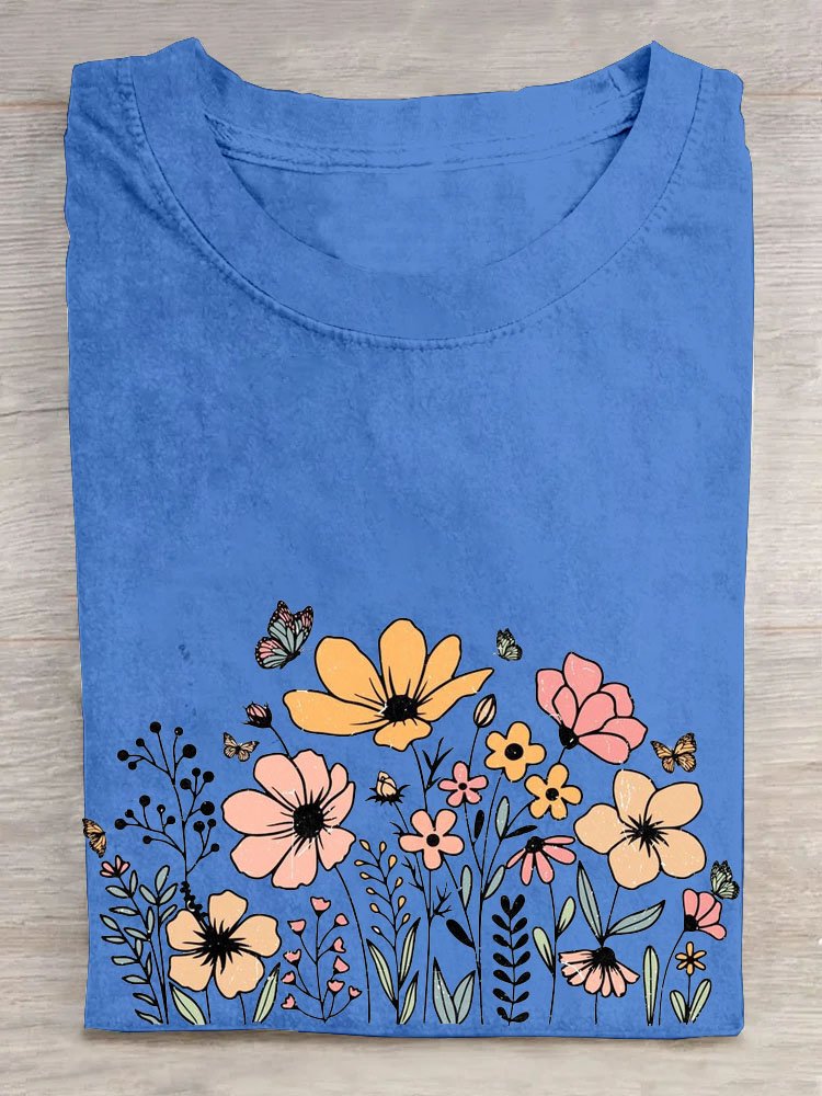 Cotton Crew Neck Floral Casual T-Shirt