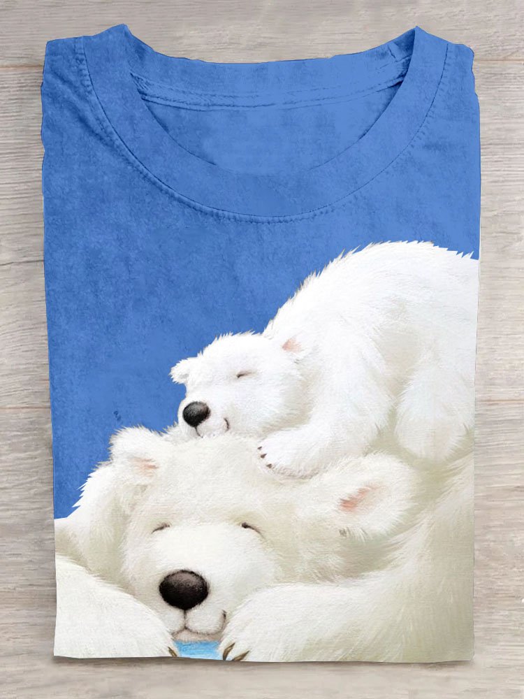 Polar Bear Printed Round Neck Casual Short Sleeve T-shirt