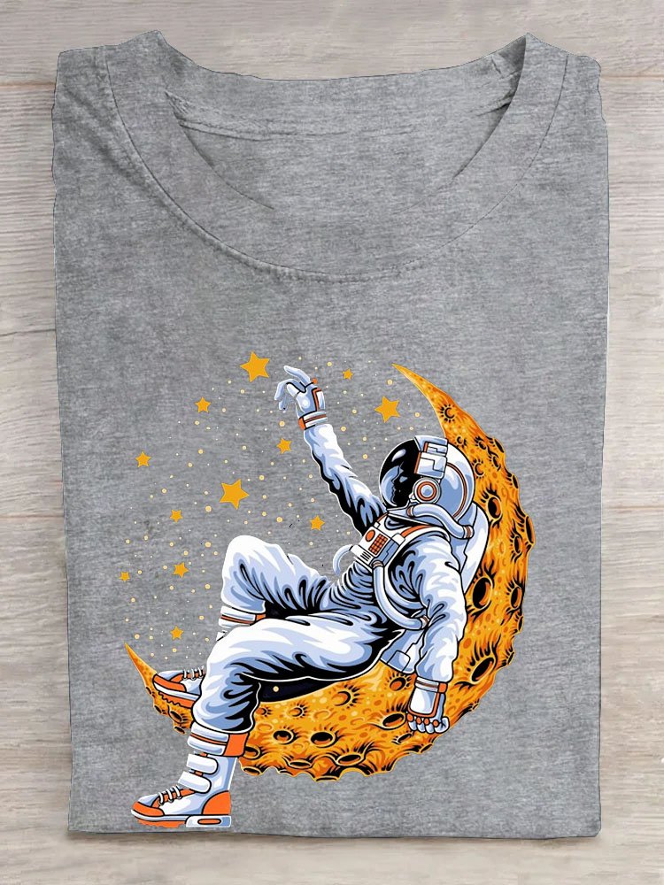 Lunar astronaut printed round neck casual short sleeved T-shirt