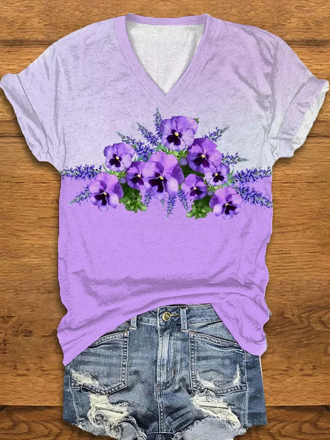 Women's Purple Flower Alzheimer's Awareness Support Print V-Neck Tee