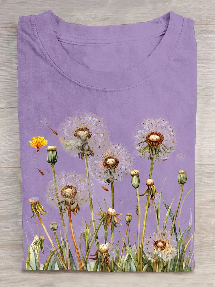 Casual Crew Neck Loose Dandelion T-Shirt