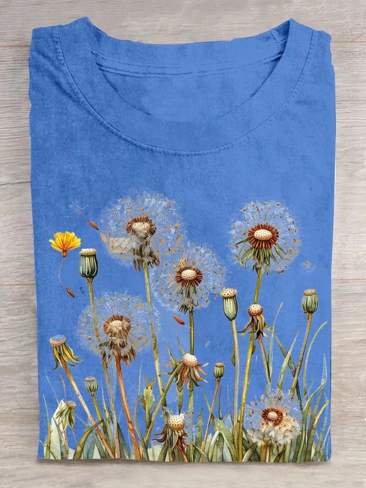 Casual Crew Neck Loose Dandelion T-Shirt