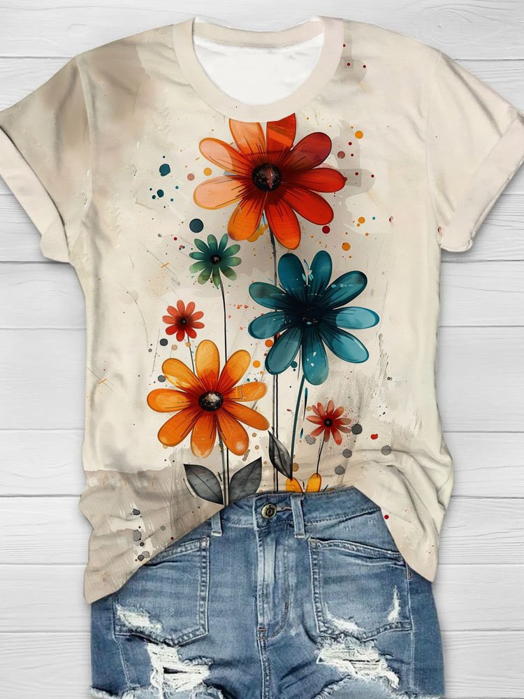 Floral print round neck casual short sleeved T-shirt