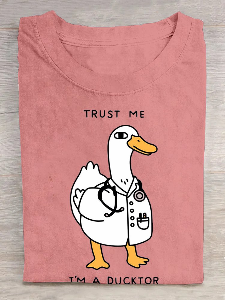 Duck Letter Pattern Cotton Crew Neck Casual T-Shirt