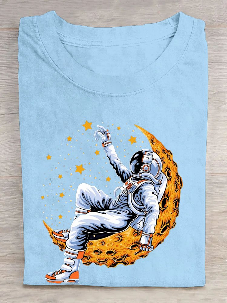 Lunar astronaut printed round neck casual short sleeved T-shirt