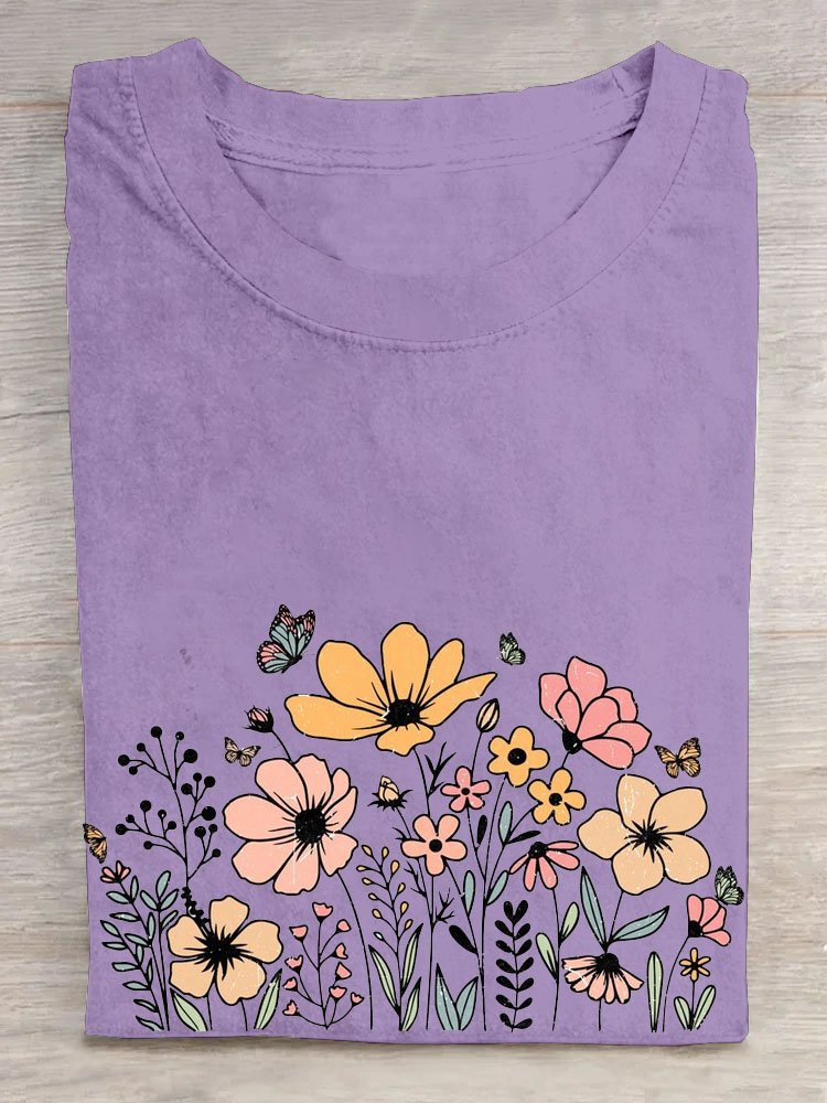 Cotton Crew Neck Floral Casual T-Shirt