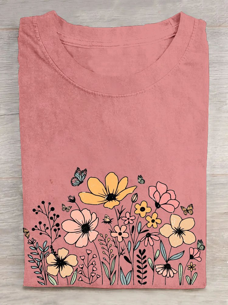 Cotton Crew Neck Floral Casual T-Shirt