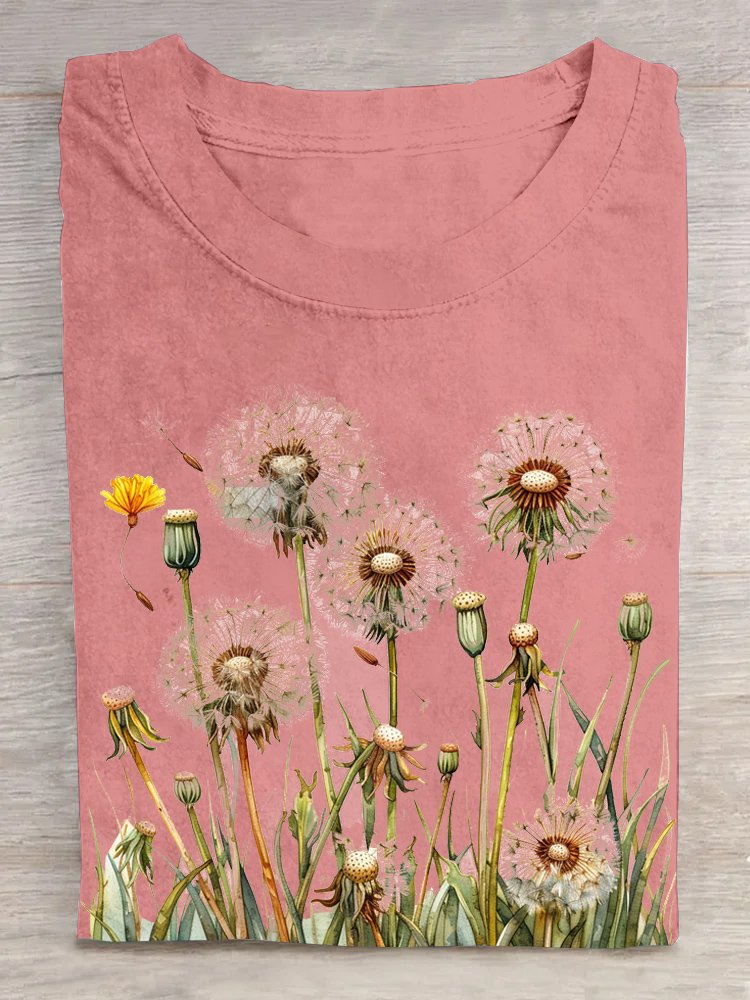 Casual Crew Neck Loose Dandelion T-Shirt