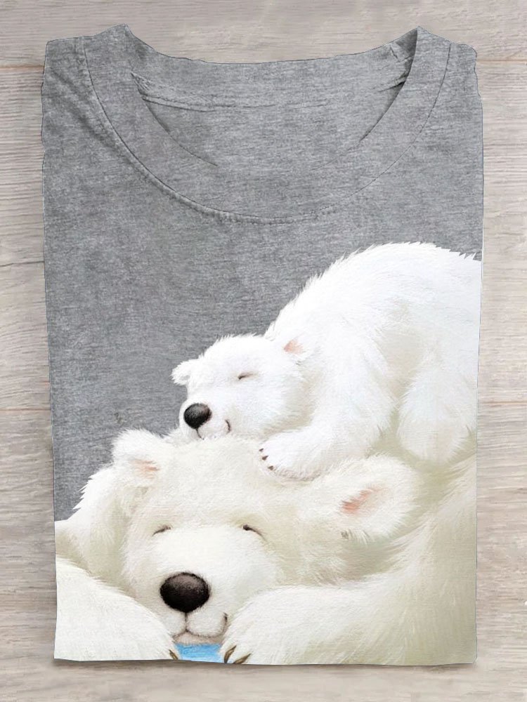 Polar Bear Printed Round Neck Casual Short Sleeve T-shirt