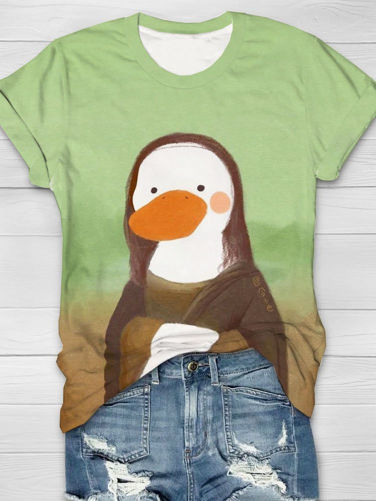 Fun Mona Lisa Duck Printed Round Neck Casual Short Sleeve T-shirt