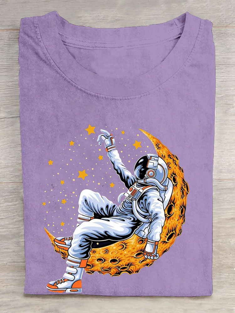 Lunar astronaut printed round neck casual short sleeved T-shirt