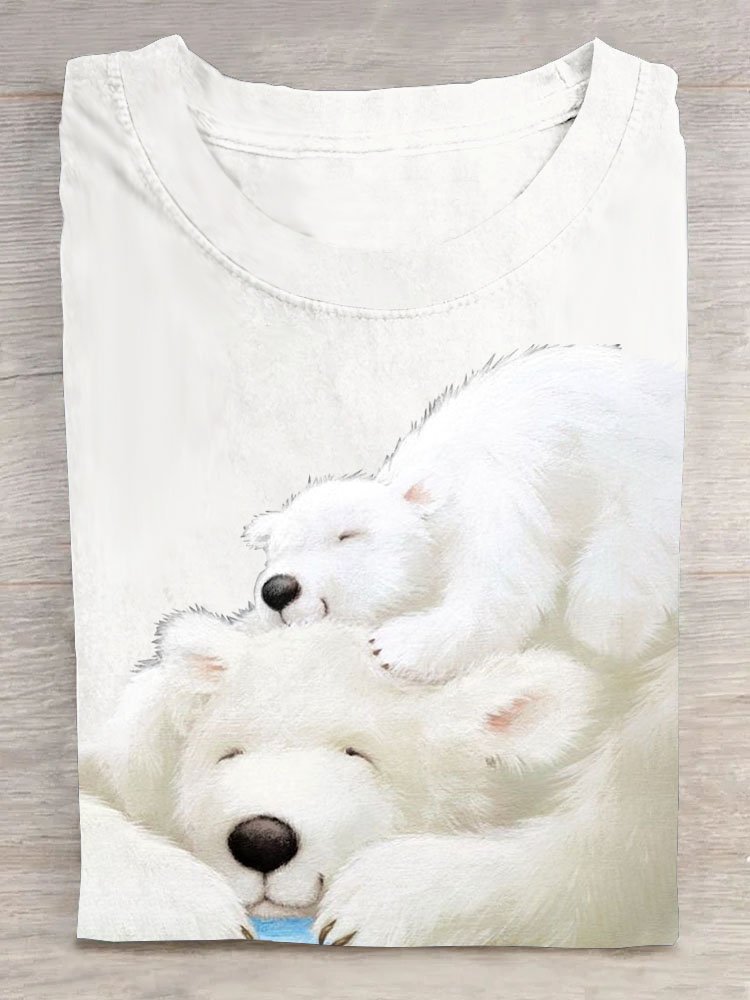 Polar Bear Printed Round Neck Casual Short Sleeve T-shirt