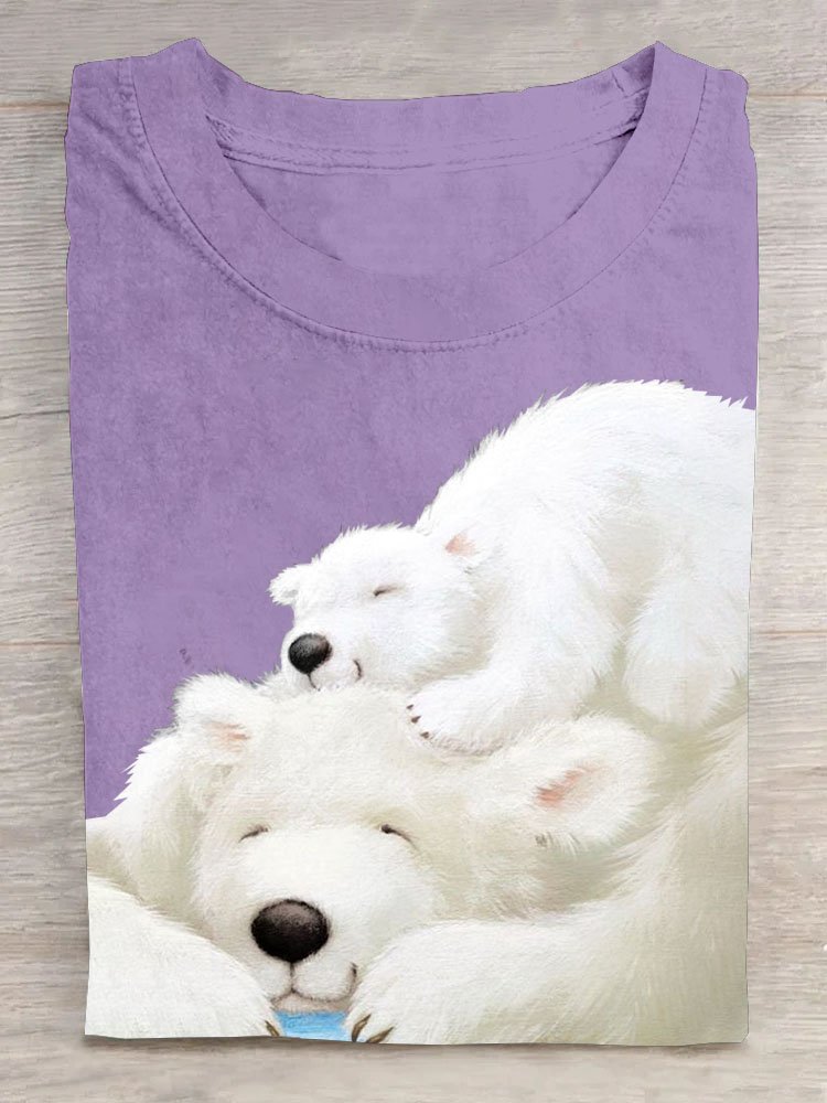 Polar Bear Printed Round Neck Casual Short Sleeve T-shirt