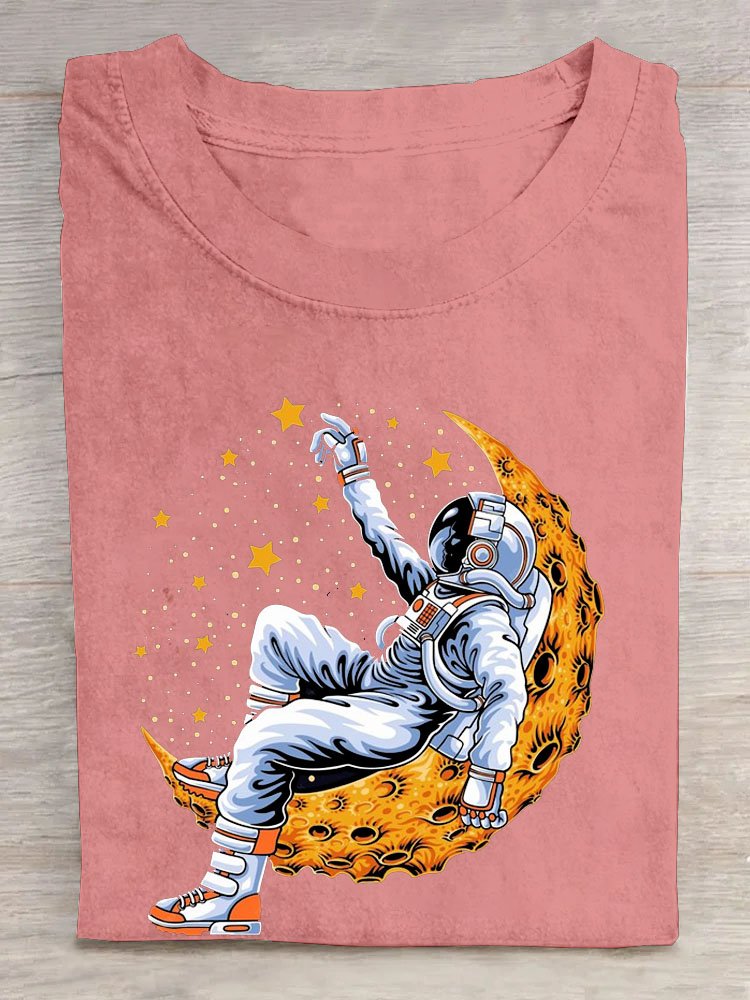 Lunar astronaut printed round neck casual short sleeved T-shirt