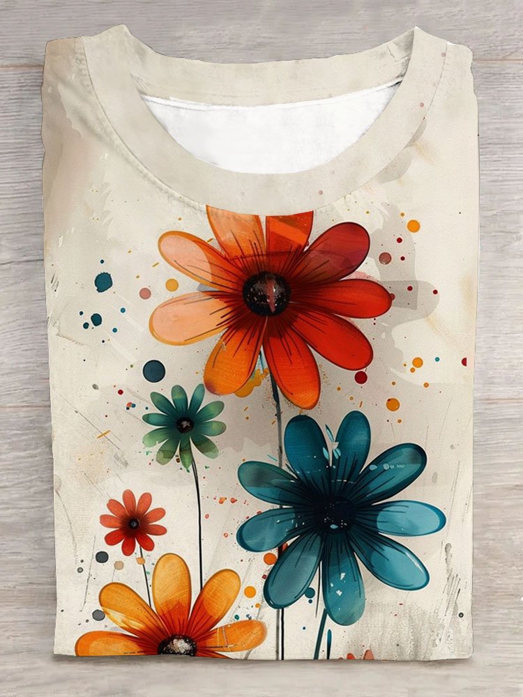 Floral print round neck casual short sleeved T-shirt