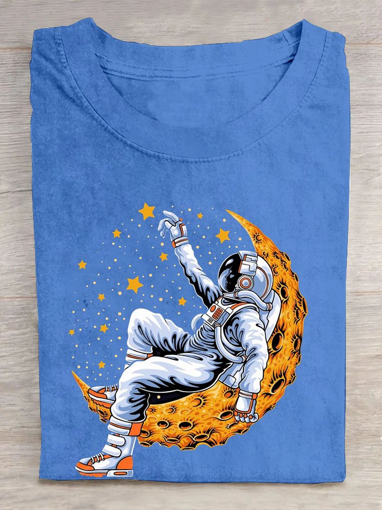 Lunar astronaut printed round neck casual short sleeved T-shirt