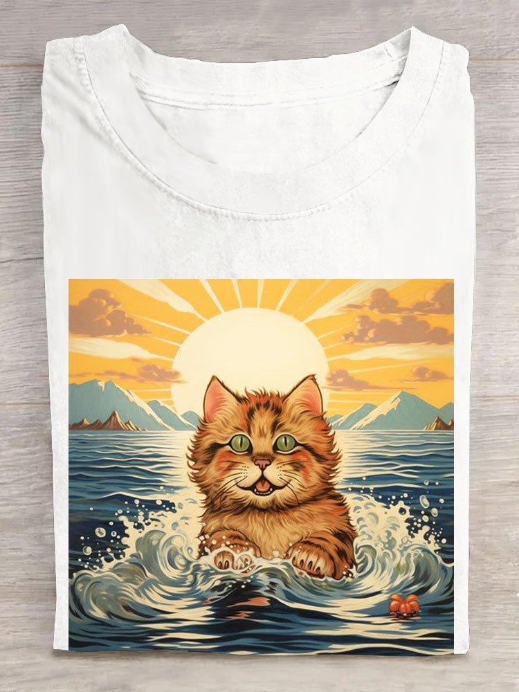 Cat swimming printed round neck casual short sleeved T-shirt