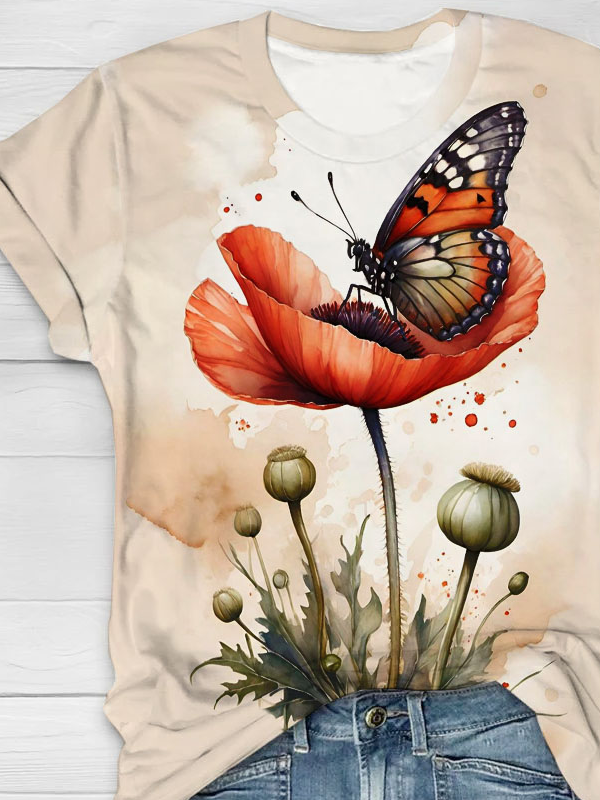 Flower butterfly print round neck short sleeved T-shirt