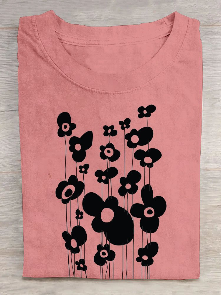 Floral print round neck short sleeved T-shirt