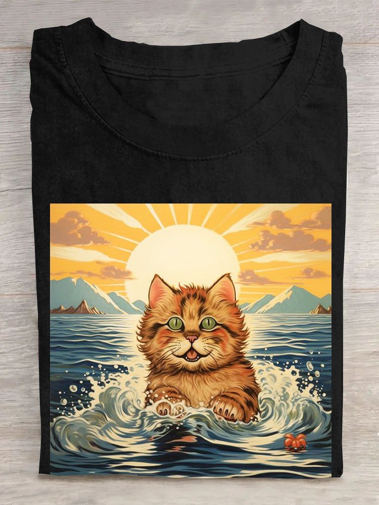 Cat swimming printed round neck casual short sleeved T-shirt