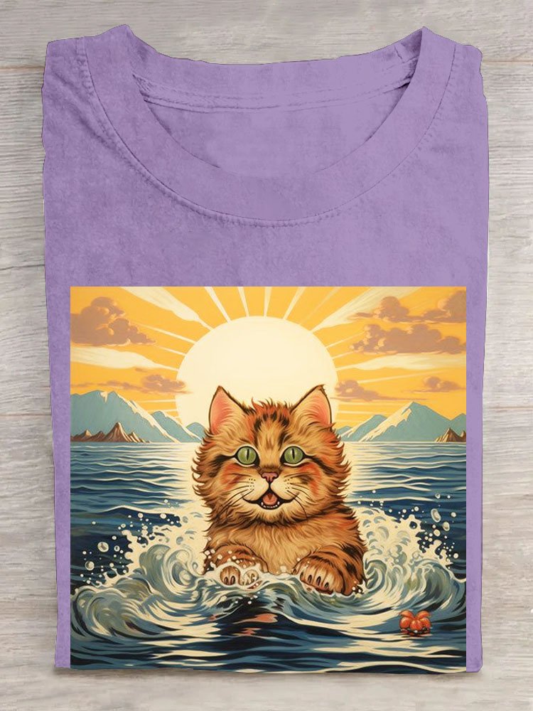 Cat swimming printed round neck casual short sleeved T-shirt