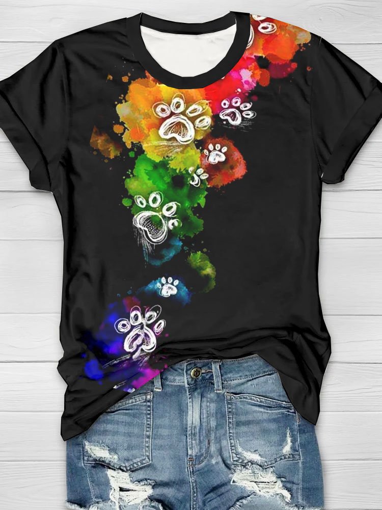 Abstract dog offset printed round neck short sleeved T-shirt