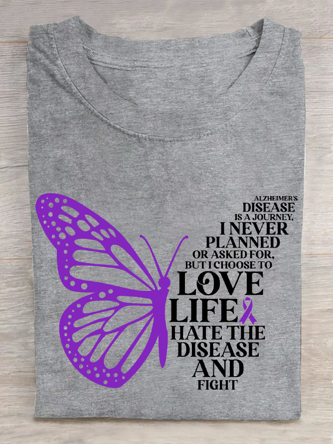 Alzheimer's Disease Is A Journey Purple Butterfly Cotton T-Shirt