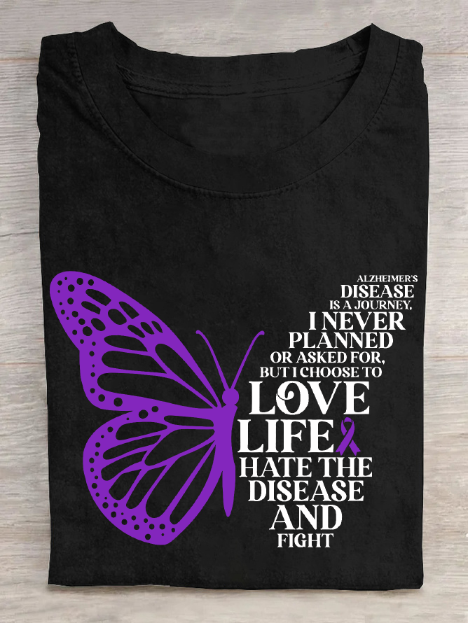 Alzheimer's Disease Is A Journey Purple Butterfly Cotton T-Shirt