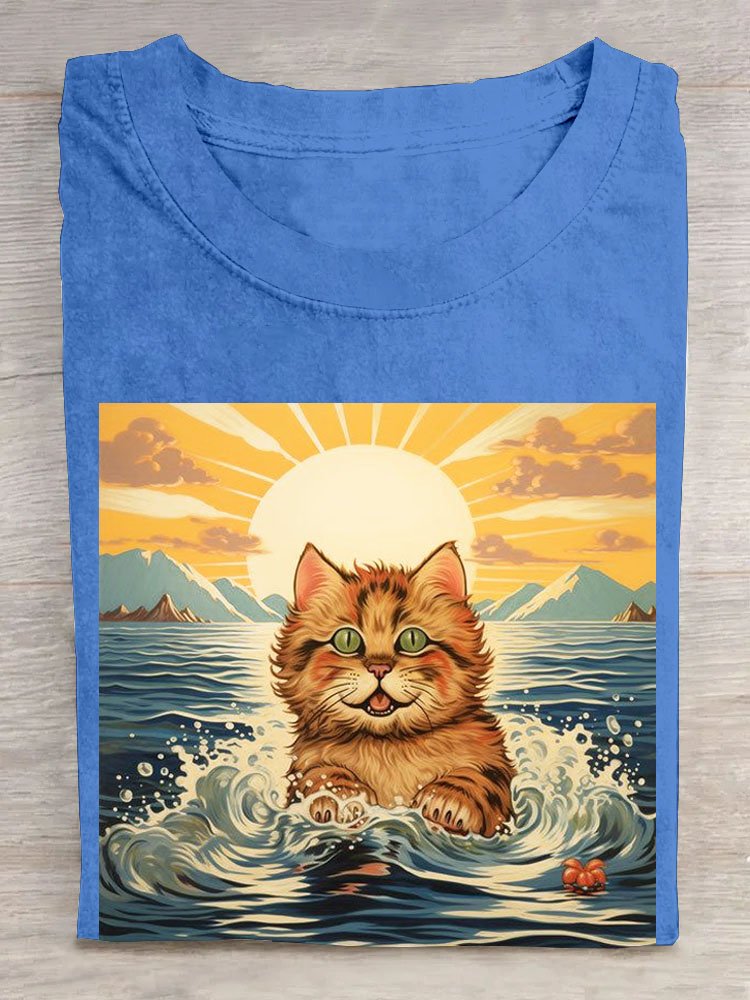 Cat swimming printed round neck casual short sleeved T-shirt