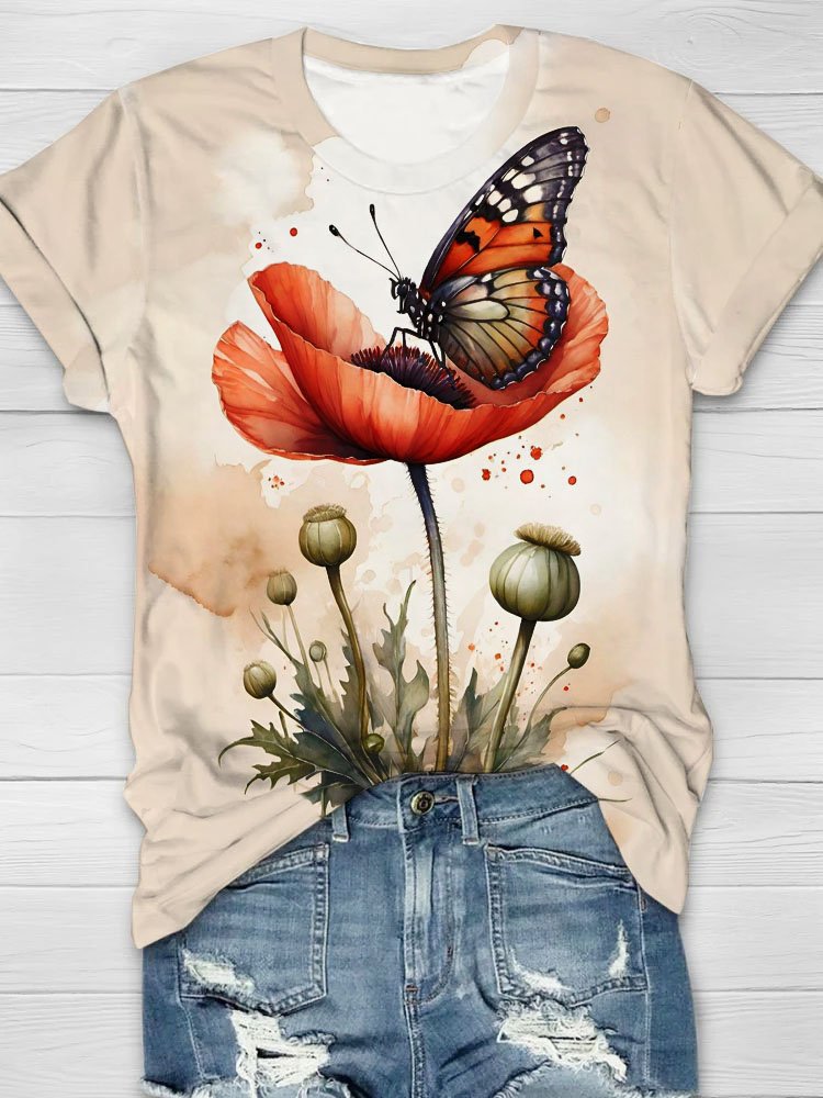 Flower butterfly print round neck short sleeved T-shirt