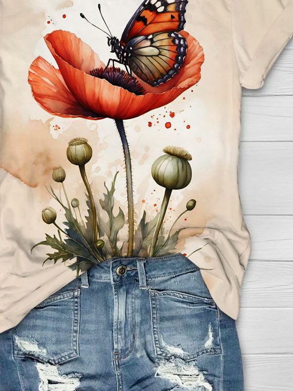 Flower butterfly print round neck short sleeved T-shirt