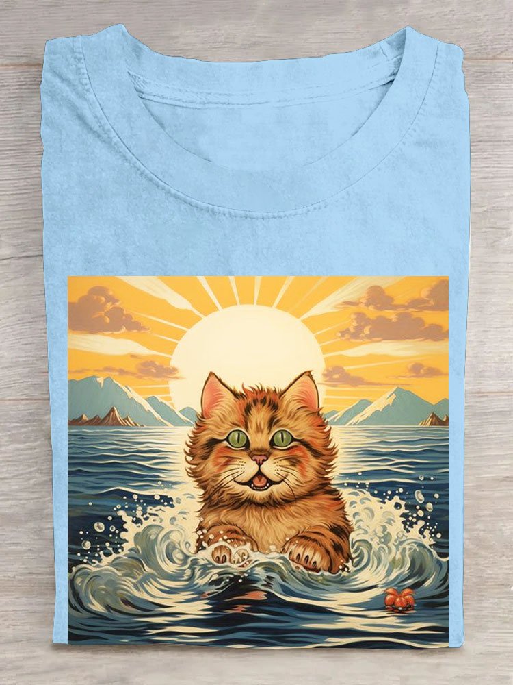 Cat swimming printed round neck casual short sleeved T-shirt