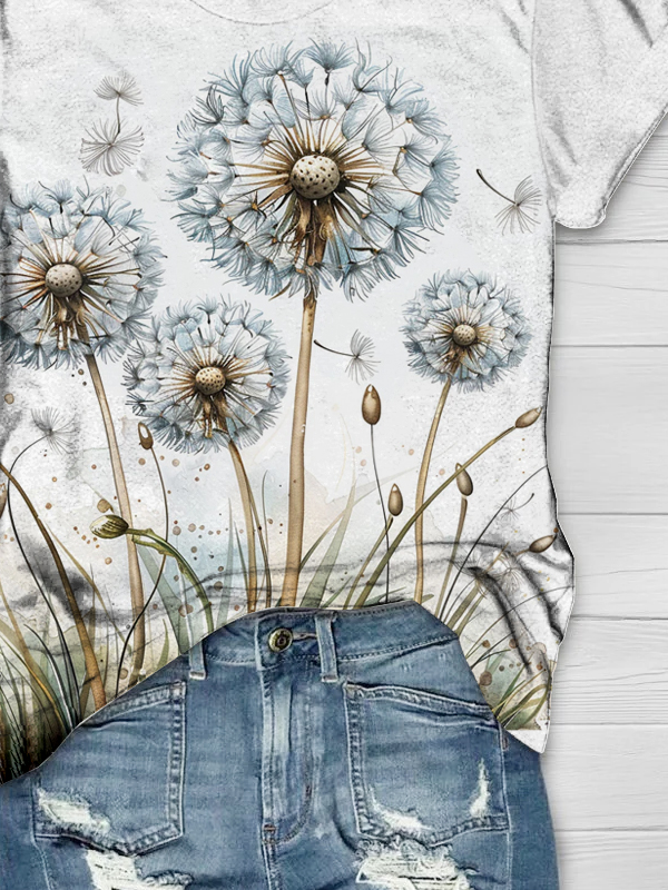 Loose Casual Crew Neck Dandelion T-Shirt