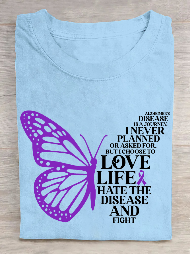 Alzheimer's Disease Is A Journey Purple Butterfly Cotton T-Shirt