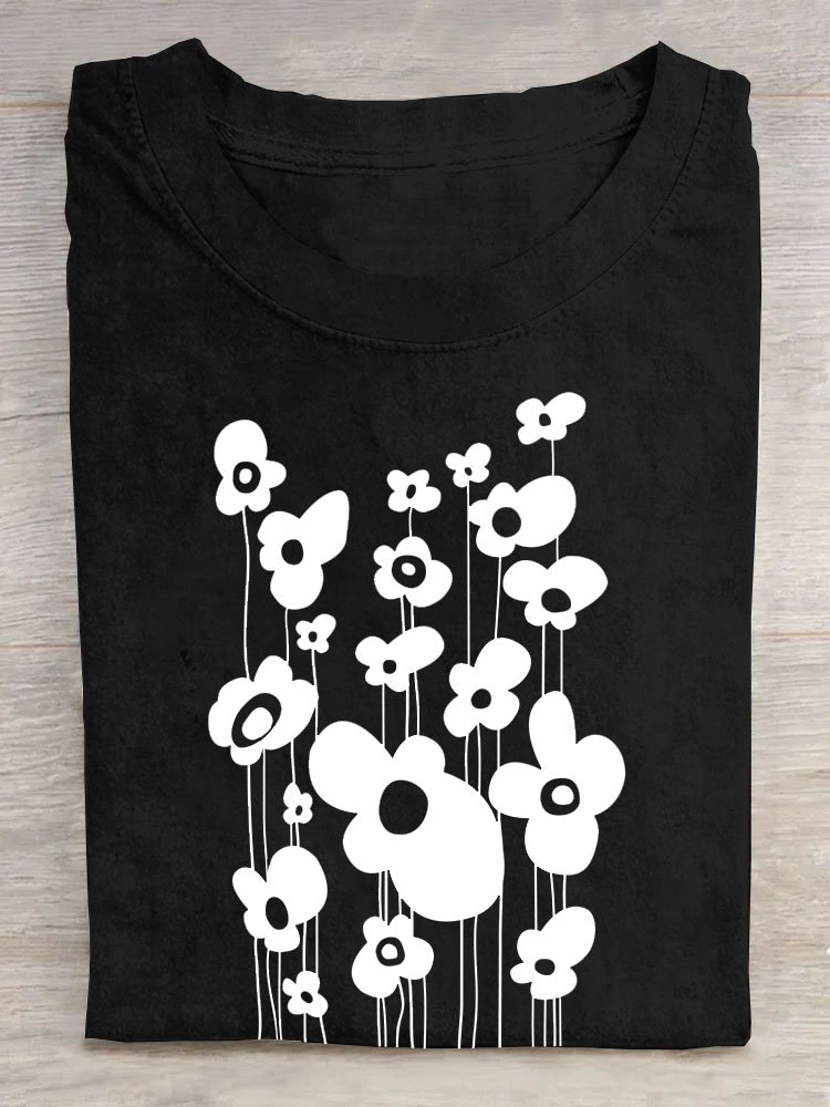 Floral print round neck short sleeved T-shirt