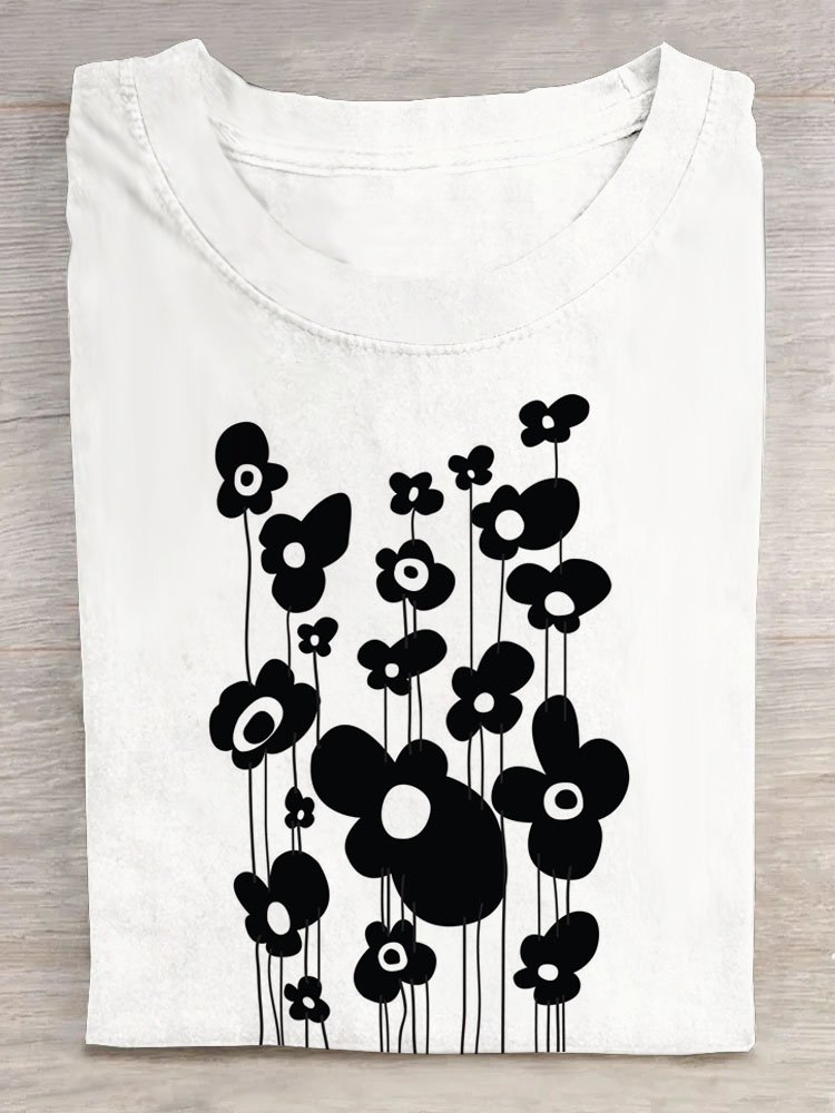 Floral print round neck short sleeved T-shirt