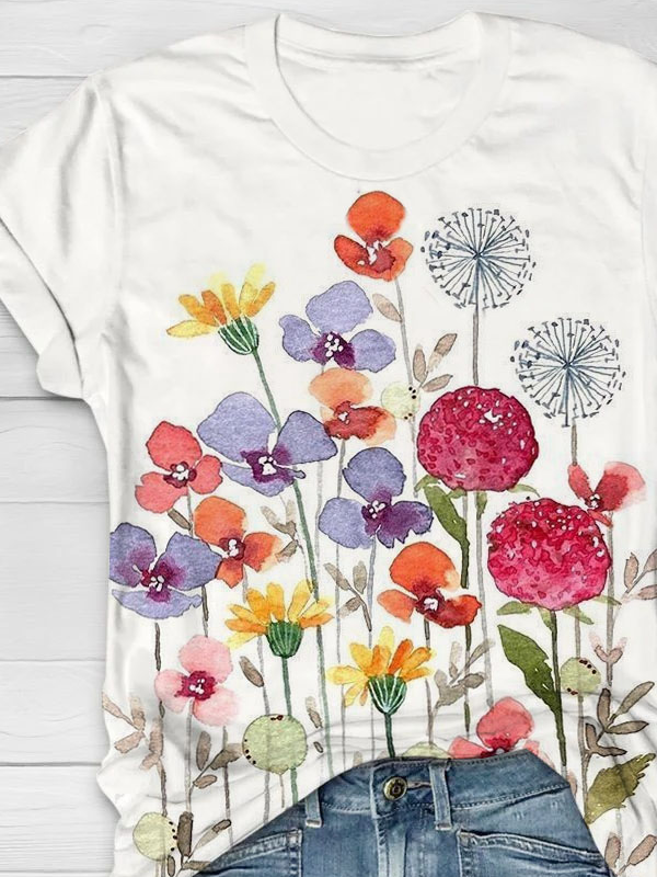 Floral round neck casual T-shirt