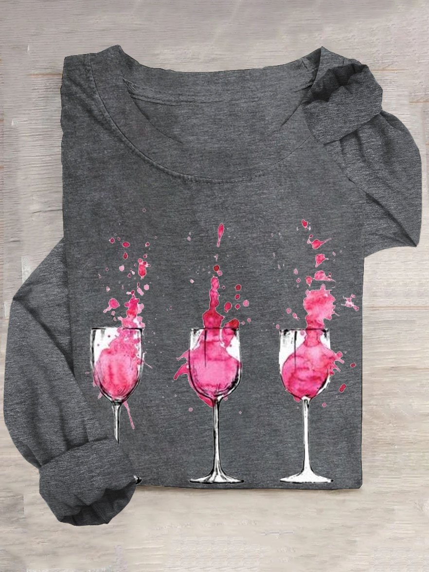 Red wine glass round neck casual T-shirt