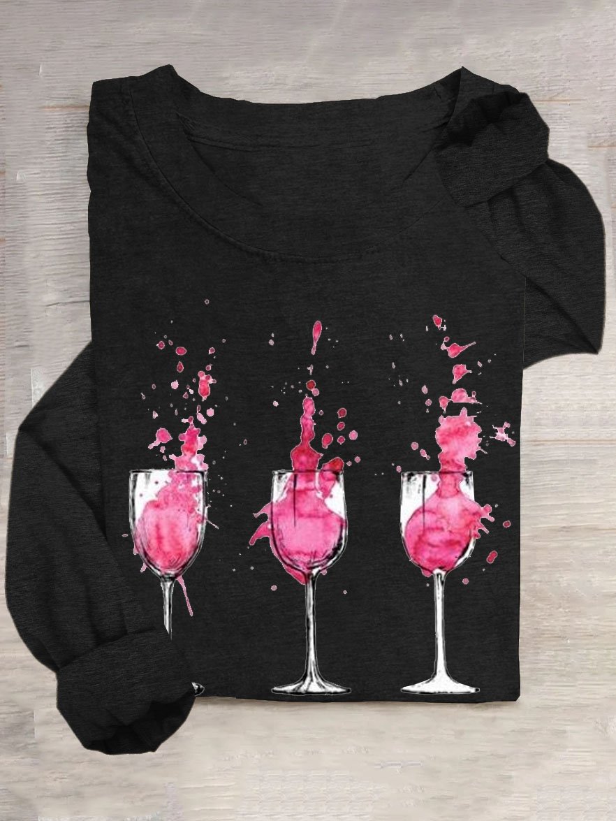 Red wine glass round neck casual T-shirt